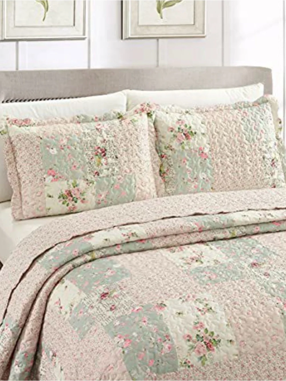 Floral Patchwork Quilted Bedspread Set in Blush and Mint
